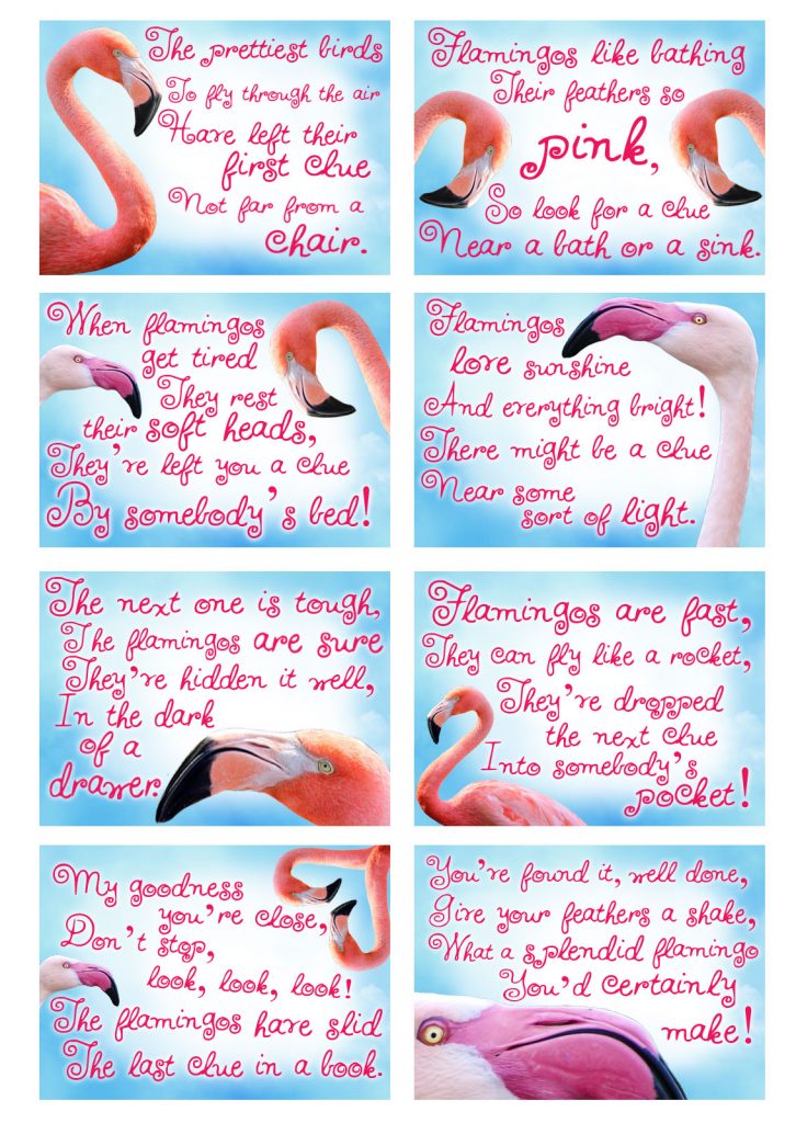 Printable flamingo treaure hunt clues - a game for a children's party.