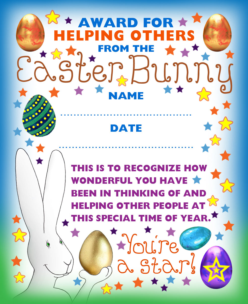 Printable award for helping others from the Easter Bunny.