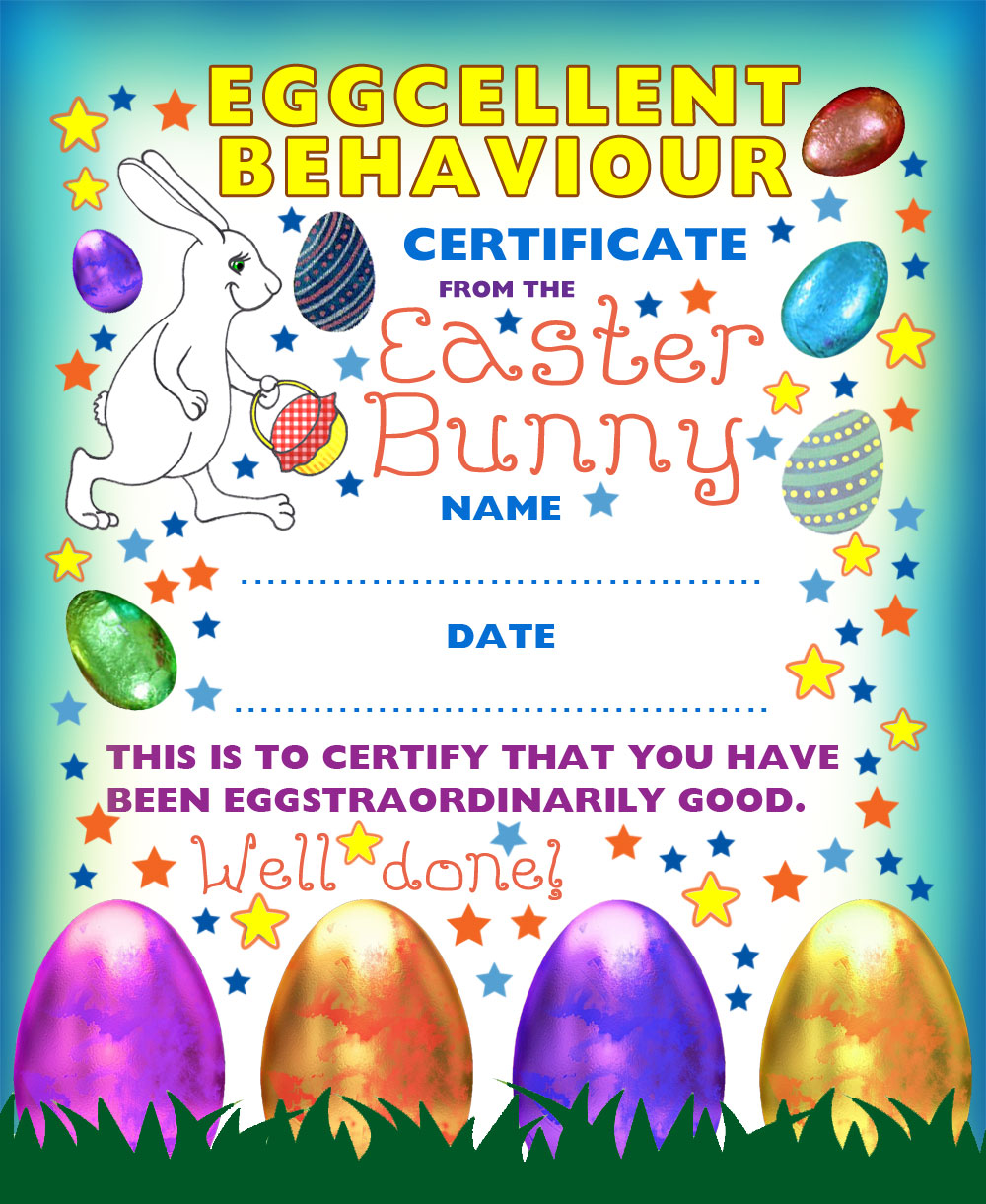 Printable Easter Bunny certificate of eggcellent behaviour