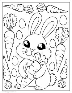 Cute Easter bunny holding a carrot surrounded by carrots and Easter eggs colouring page for children.