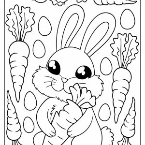 Cute Easter bunny holding a carrot surrounded by carrots and Easter eggs colouring page for children.