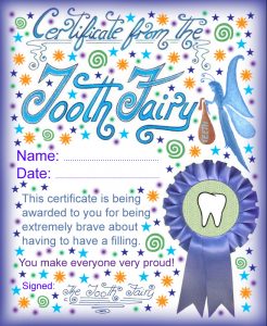 Printable certificate from the Tooth Fairy for a child who has to have a filling