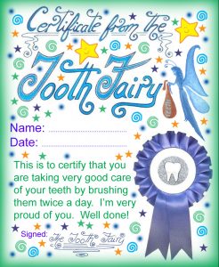 Printable certificate from the Tooth Fairy for a child who has been brushing twice a day.