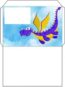 Printable envelope of a blue dragon flying through the sky.