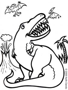 Printable colouring page of a large dinosaur sitting with its mouth wide open while a small pterosaur brushes its sharp teeth. A volcano erupts in the background.