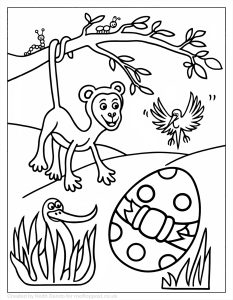 Colouring in picture of a monkey hanging from a tree branch above a decorated Easter egg with birds and insects colouring page. Drawn by a human called Keith Dando