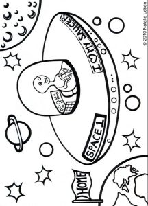 An alien is whizzing through space in his saucer - designed by Natalie Loben