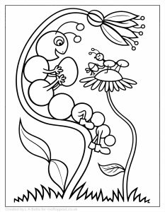 Caterpillar and ant sharing an Easter egg on a flower – printable kids Easter colouring page