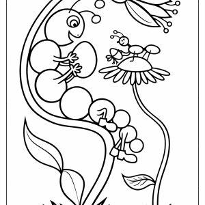 Caterpillar and ant sharing an Easter egg on a flower – printable kids Easter colouring page