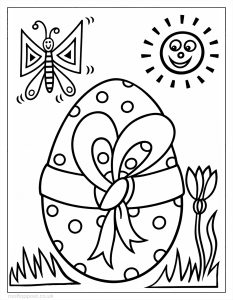 Spotty Easter egg with ribbon bow for children to colour in, sitting in spring grass with a butterfly and smiling sun above it in the sky.