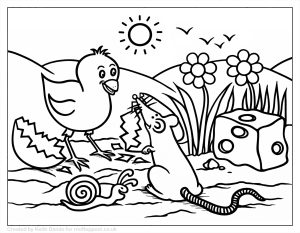 Easter chick hatching from an egg meeting a friendly rat in a spring scene children's colouring page.