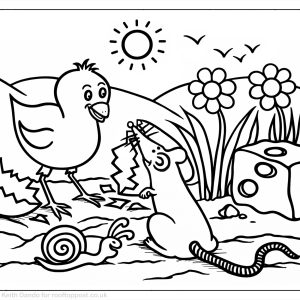 Easter chick hatching from an egg meeting a friendly rat in a spring scene children's colouring page.