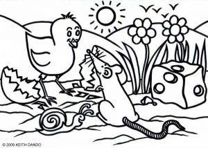 A children's colouring in page by Keith Dando - an Easter chick and Mr Rat