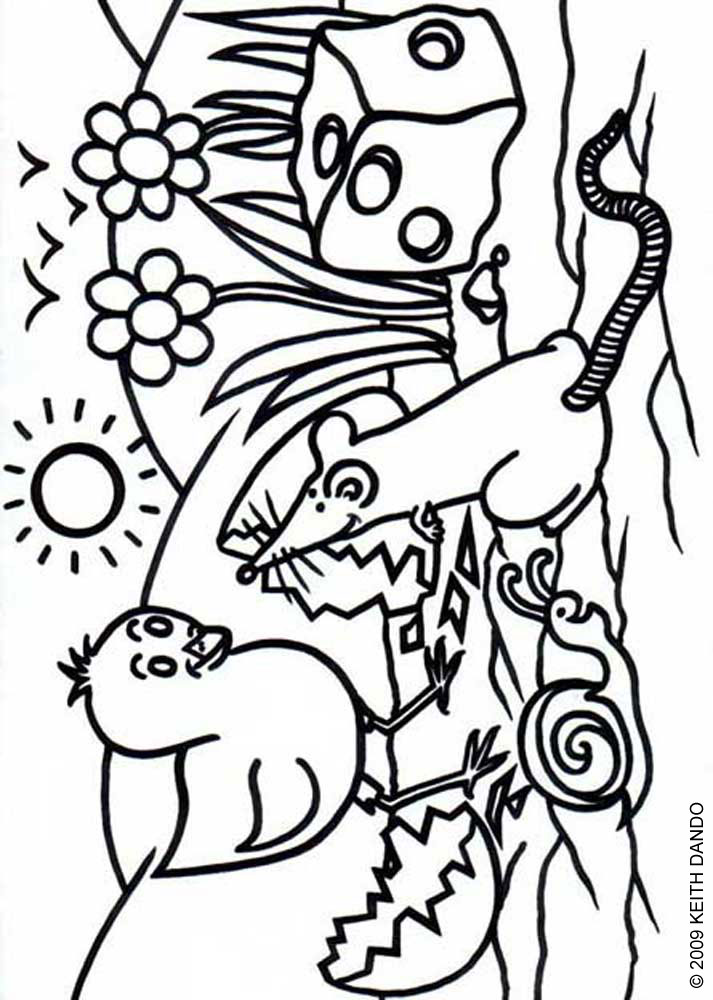 A children's colouring in page by Keith Dando - an Easter chick and Mr Rat