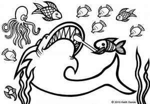 A fish helps a shark brush his teeth
