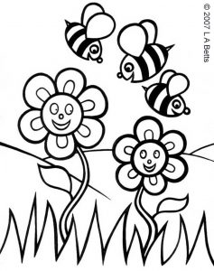 Colouring in picture of two spring flowers and three bees