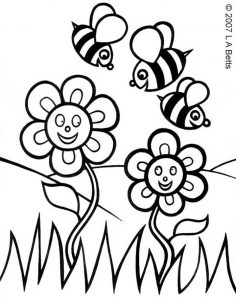 Colouring in picture of two spring flowers and three bees