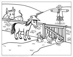 Sunny farm colouring page with a pony talking to a rabbit, two ducks by a gate, a cow and a scarecrow. Drawn by Keith Dando