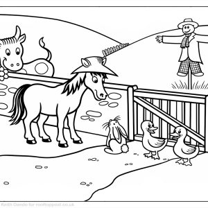 Sunny farm colouring page with a pony talking to a rabbit, two ducks by a gate, a cow and a scarecrow. Drawn by Keith Dando