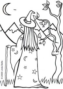 Printable colouring page of a witch wishing on a crescent moon by Linda Betts