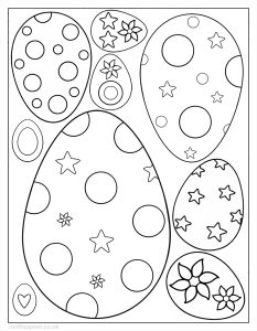 Printable colouring page with patterned Easter eggs decorated with stars, circles and flowers for children to colour.