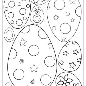 Printable colouring page with patterned Easter eggs decorated with stars, circles and flowers for children to colour.
