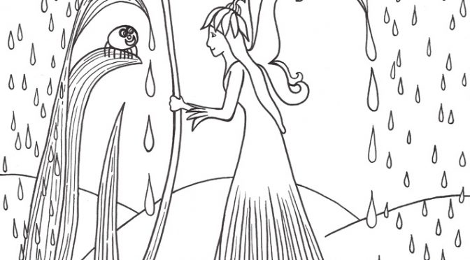 Colouring in page of a fairy sheltering from the rain