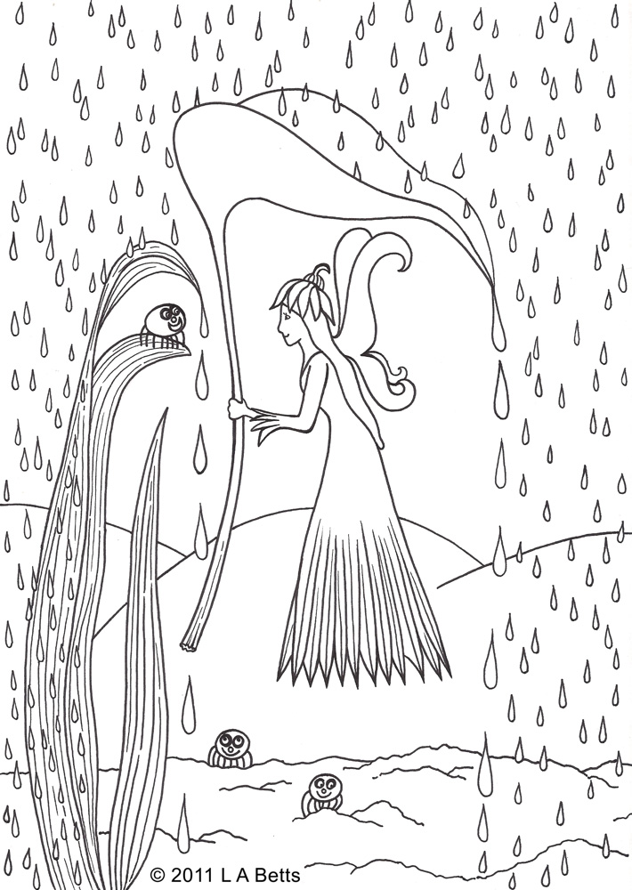 Colouring in page of a fairy sheltering from the rain