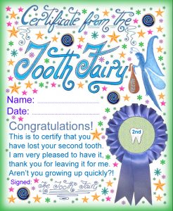 A certificate from the Tooth Fairy for a child who has lost his or her second Tooth