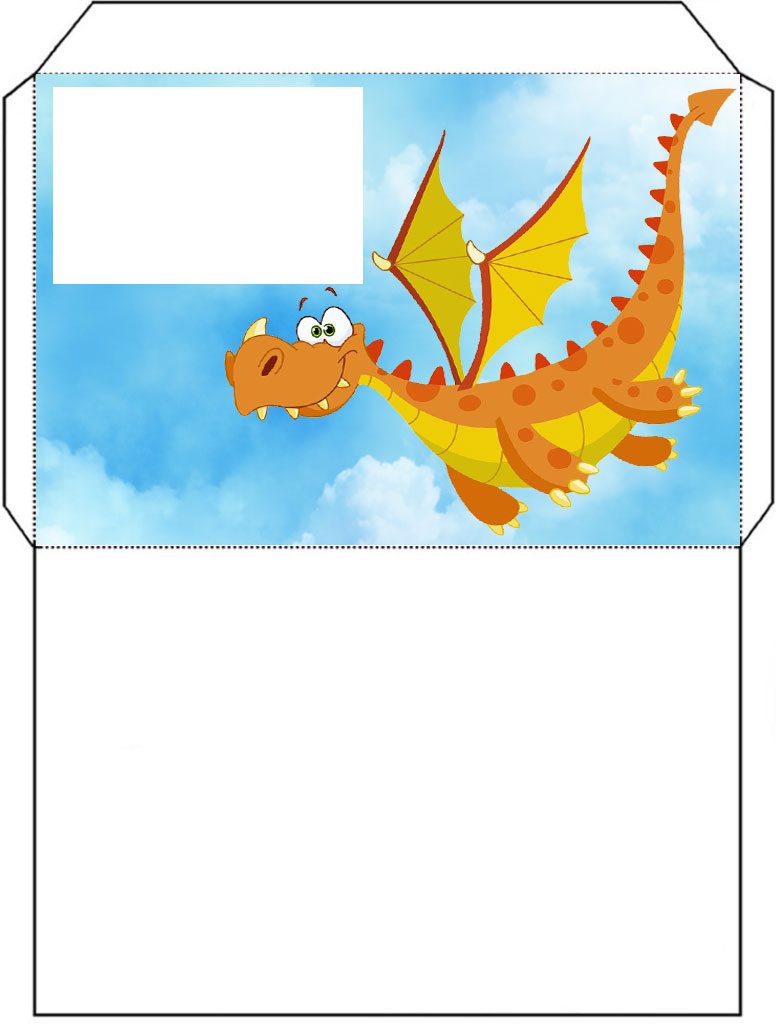 Printable envelope of and orange dragon flying through the sky.