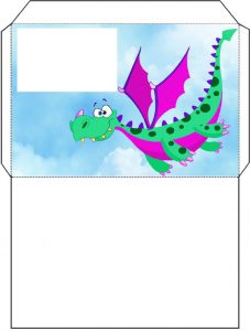 Free printable pink and green coloured dragon envelope.