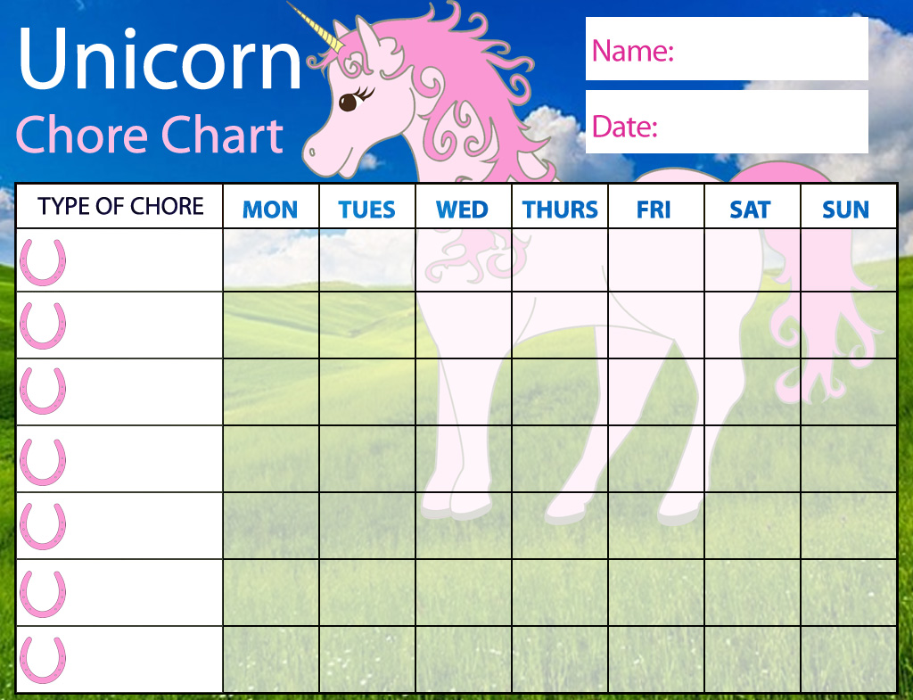 Printable pink unicorn chore chart for children