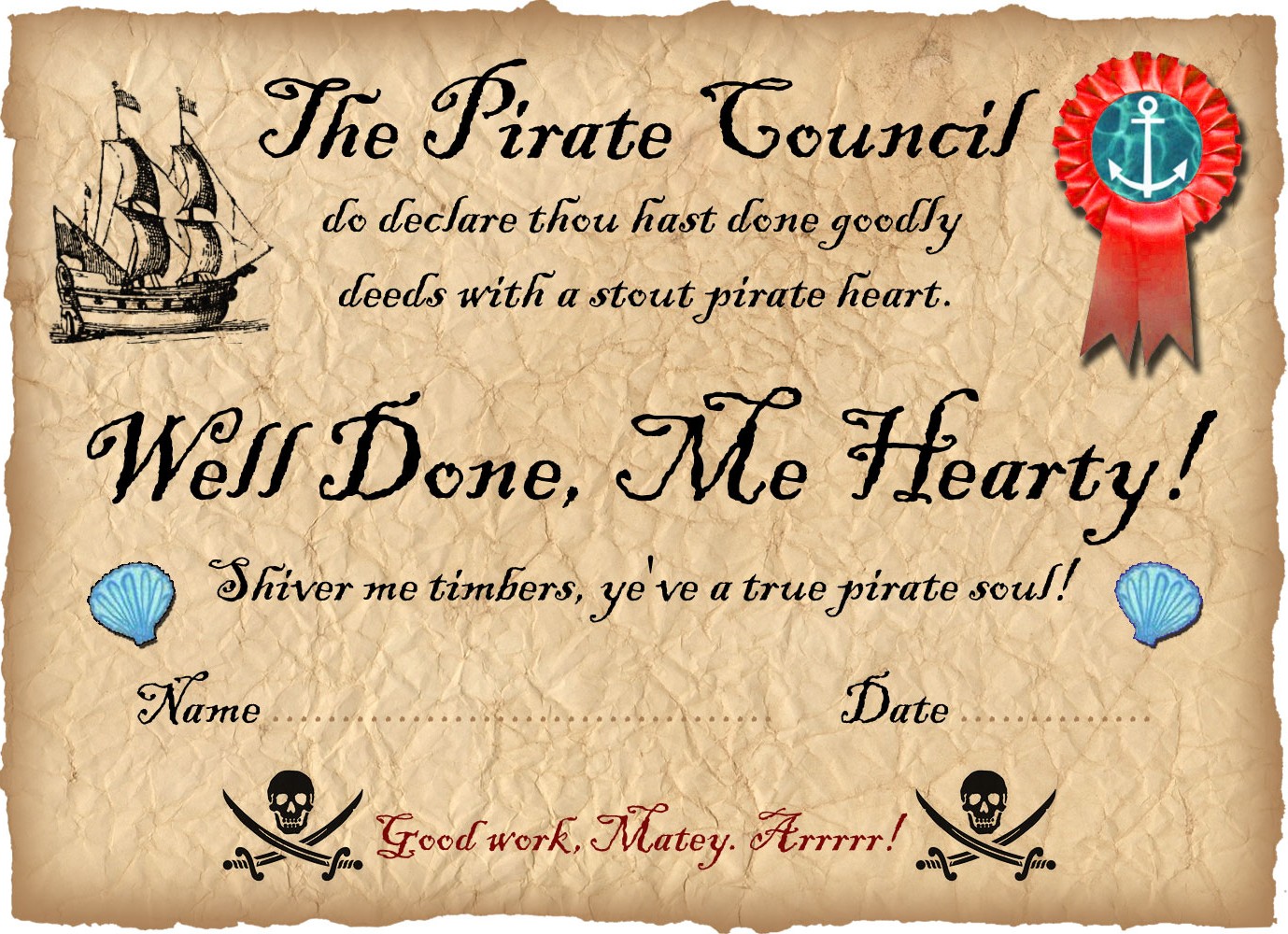 Pirate Certificate: Well Done | Rooftop Post Printables