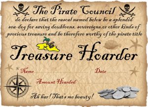 Printable certificate from the Pirate Council for children who have been saving their gold!