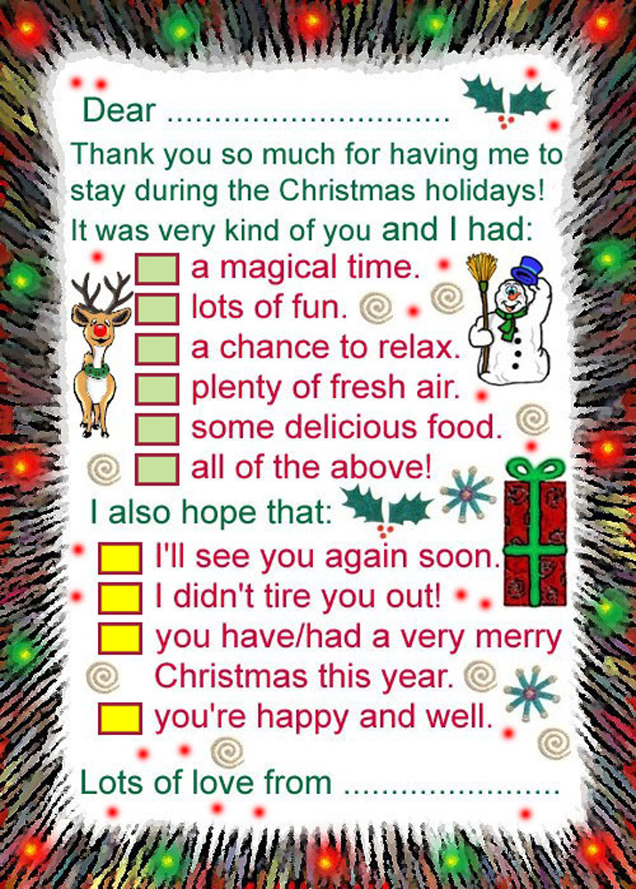 Printable thank you note: Thanks for having me to stay over Chrismas