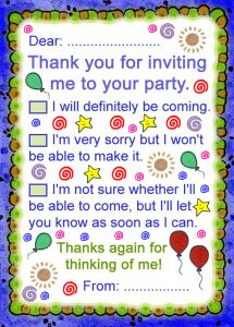 Printable thank you note to answer an invitation to a party