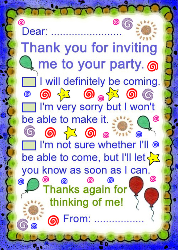 Printable thank you note to answer an invitation to a party