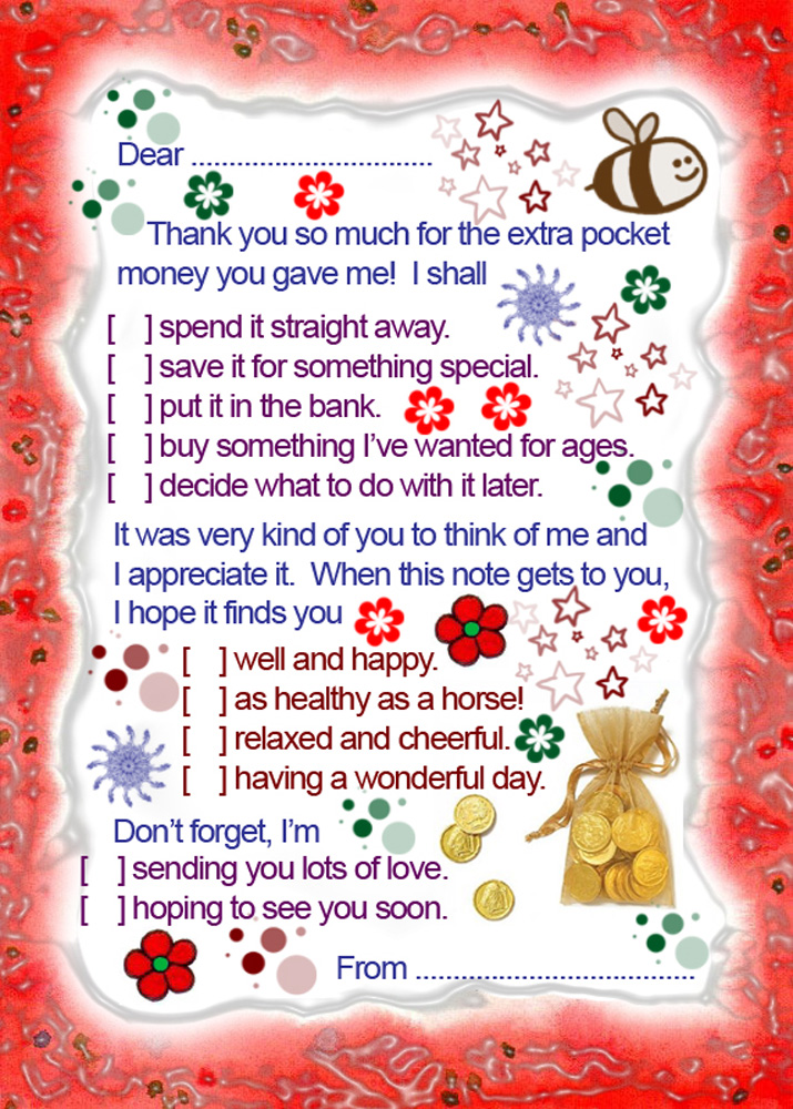 Printable thank you note to say thanks for the extra pocket money
