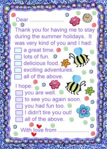 Printable thank you note to say thanks for having me to stay over the summer