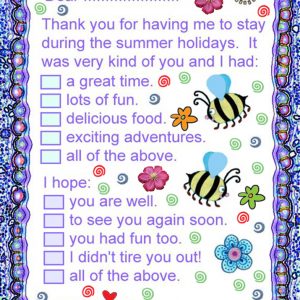 Printable thank you note to say thanks for having me to stay over the summer