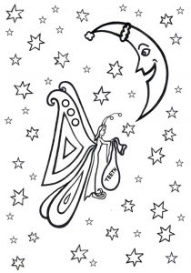 Printable colouring page of the Tooth Fairy flying through a starry sky, holding a sack labelled 'teeth,' with a smiling crescent moon in the background.