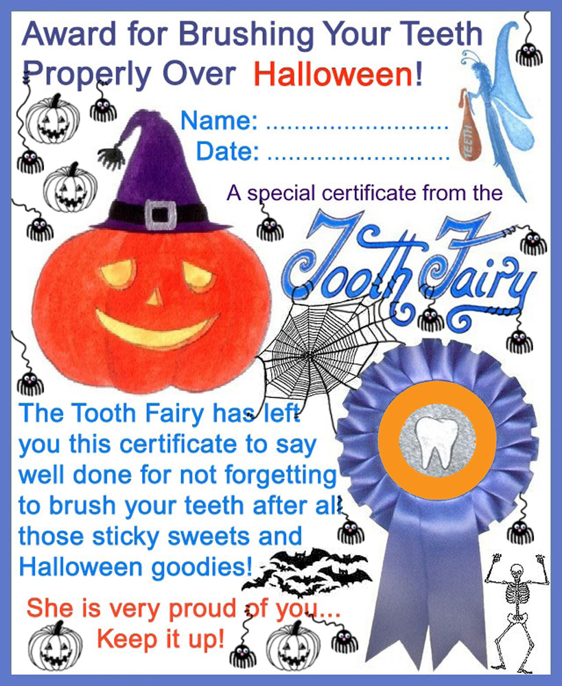 Printable certificate from the Tooth Fairy to say well done for brushing over Halloween