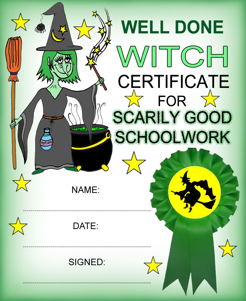 Printable witch reward certificte for scarily good schoolwork