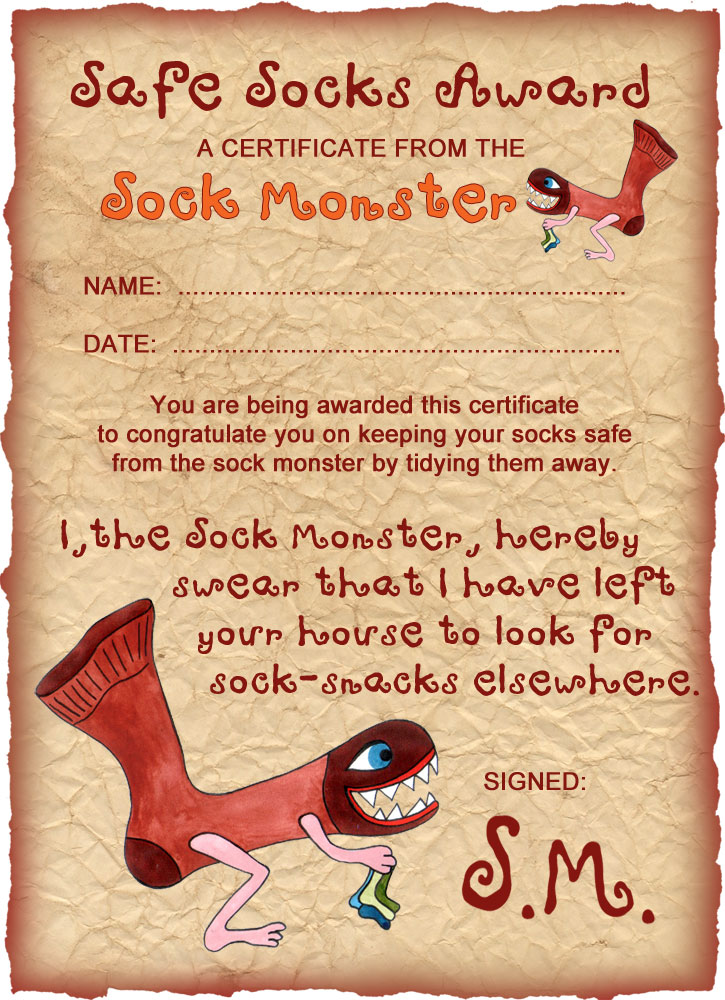 Sock Monster Certificate: Safe Socks Award