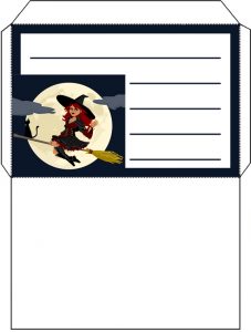 Printable witch on a broomstick envelope
