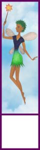 A printable bookmark of a fairy with a green skirt flying in the sky.