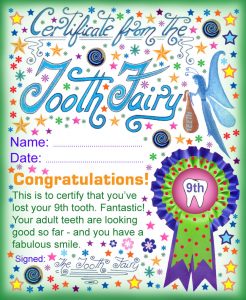 A printable certificate from the Tooth Fairy for a child who has lost a ninth tooth.