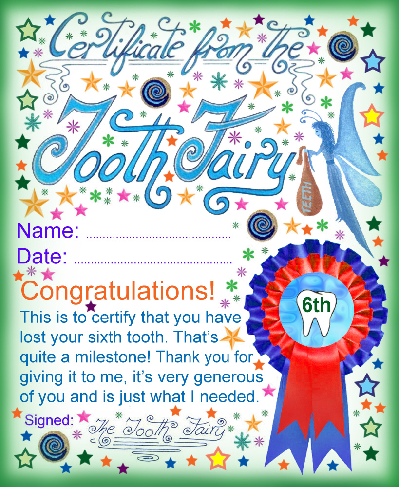 Tooth Fairy Certificate Award For Losing Your Sixth Tooth