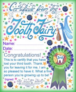 A certificate from the Tooth Fairy for a child who has lost his or her third Tooth