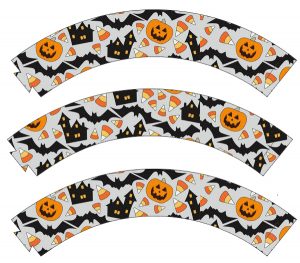 Printable cupcake wrappers with a Halloween theme.